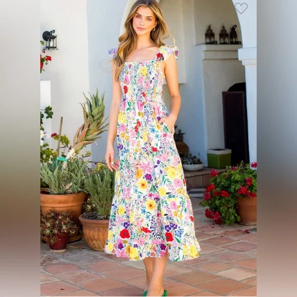 THML Anthropologie Colorful Smocked Floral Maxi Midi Dress - Picture 2 of 4